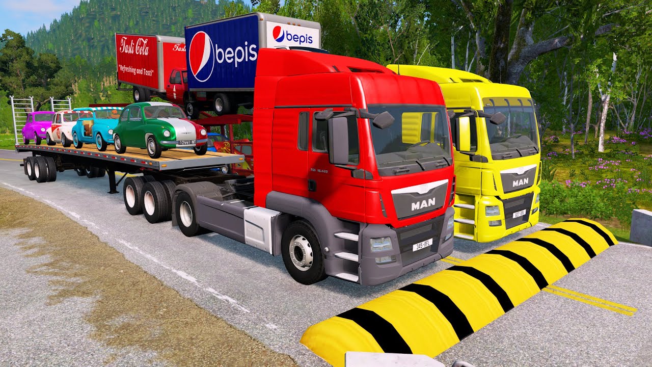 Double Flatbed Trailer Truck vs Speedbumps Train vs Cars Beamng.Drive #3