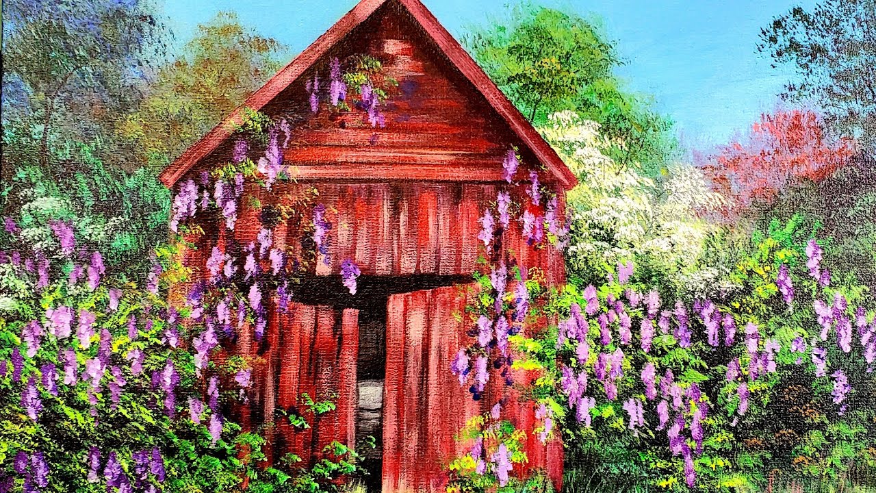 Weathered Barn with Wisteria Acrylic Painting LIVE Tutorial