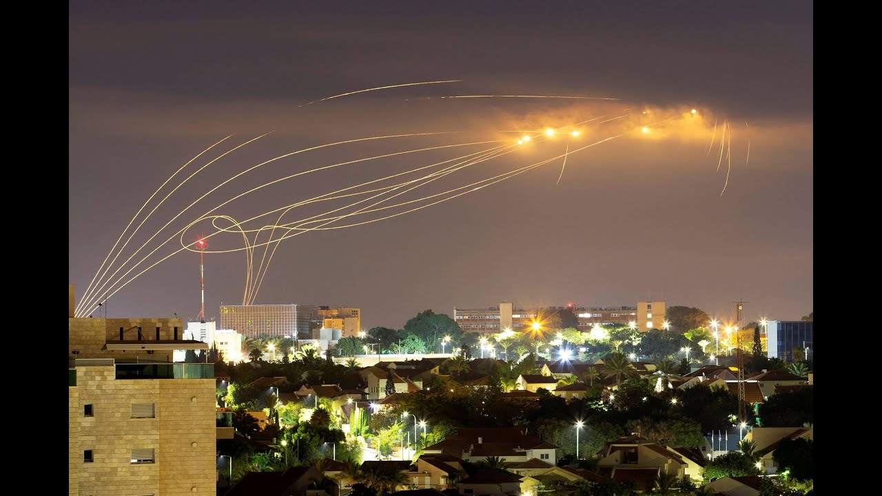 Iron Dome anti-missile system fires interception missiles Israel Palestine Gaza Strip Compilation