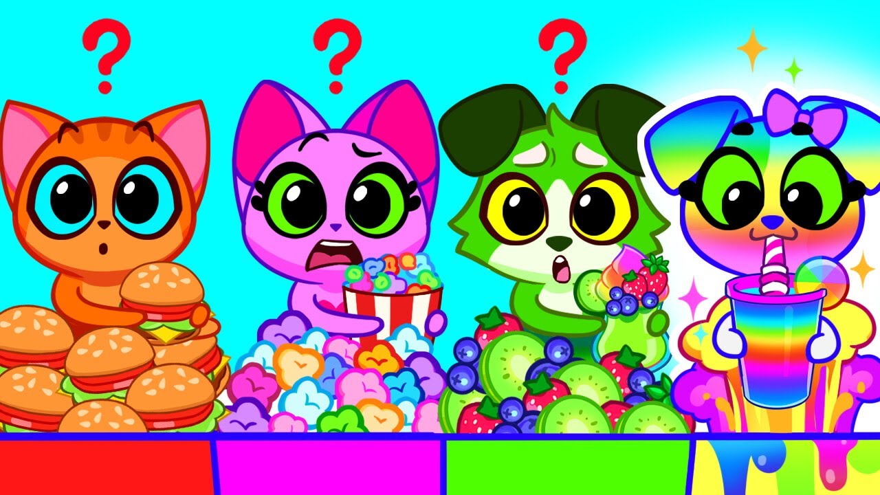 Reto de comida arcoíris | Aventura en el café secreto | Comida saludable | Colores | Purr-Purr