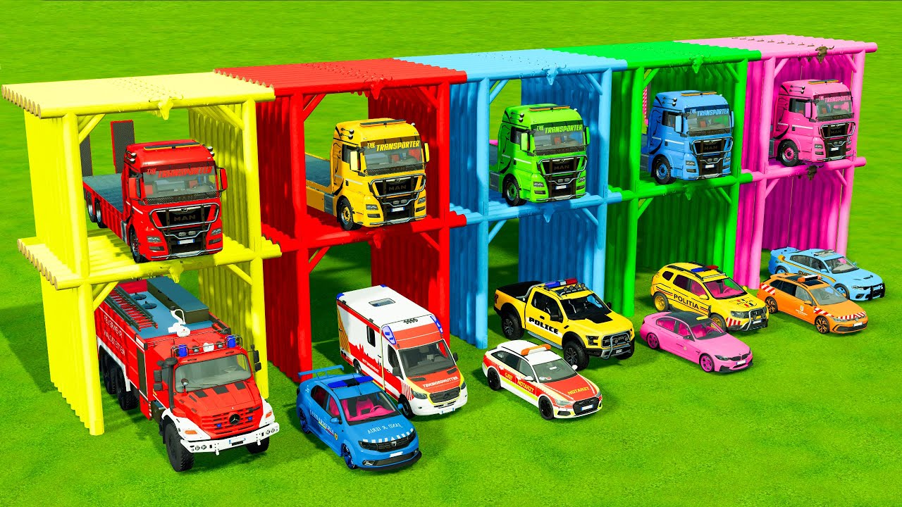 TRANSPORTING ALL POLICE CARS and AMBULANCE EMERGENCY VEHICLES WITH MAN TRUCKS ! FS22