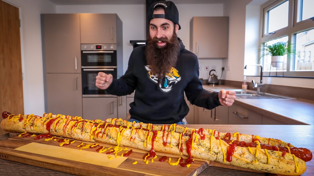 THE HARD ROCK GIANT SUPER BOWL HOT DOG CHALLENGE | XL DIY STADIUM FOOD | BeardMeatsFood