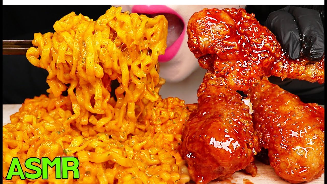 ASMR SPICY CARBONARA FIRE NOODLES, FRIED CHICKEN 까르보 불닭, 시크릿 양념 치킨 닭다리 먹방 EATING SOUNDS