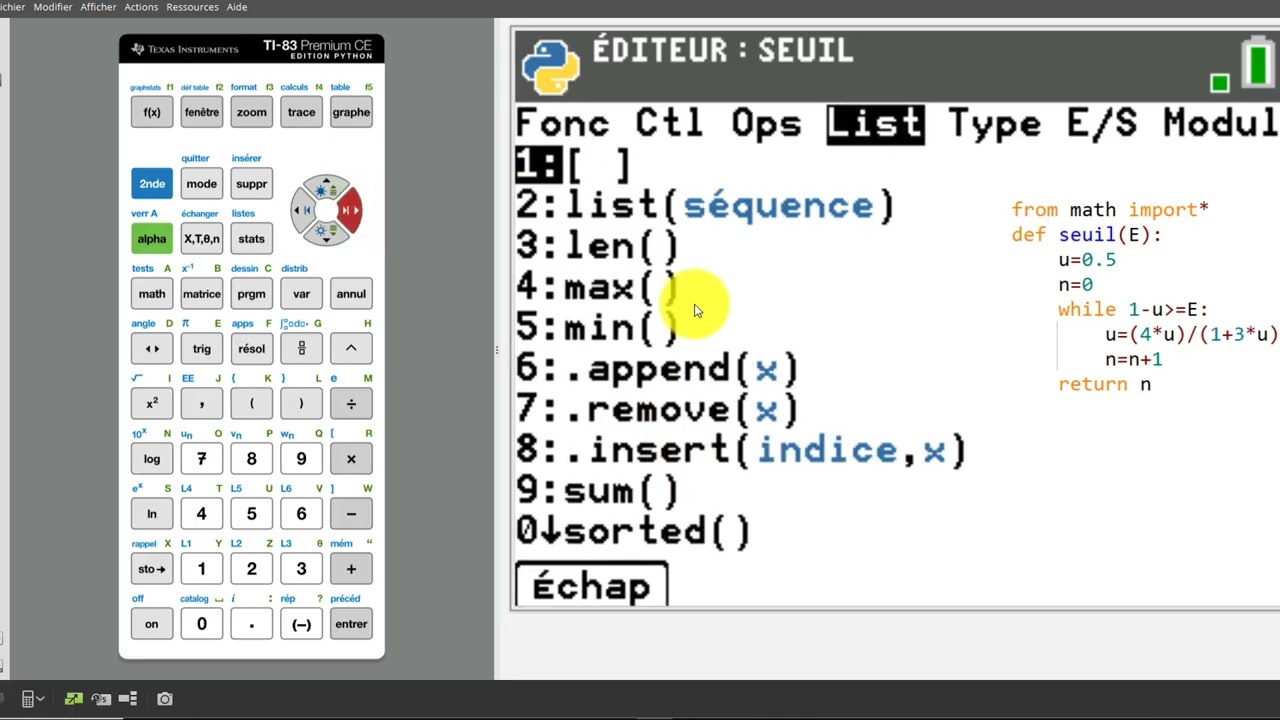 Algorithme Python : calculatrice TI‑83 Premium CE Edition Python