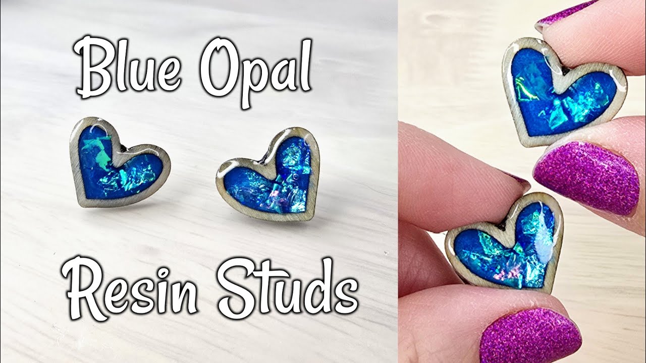 Iridescent Flakes and UV Resin turned into Opal like Heart Studs