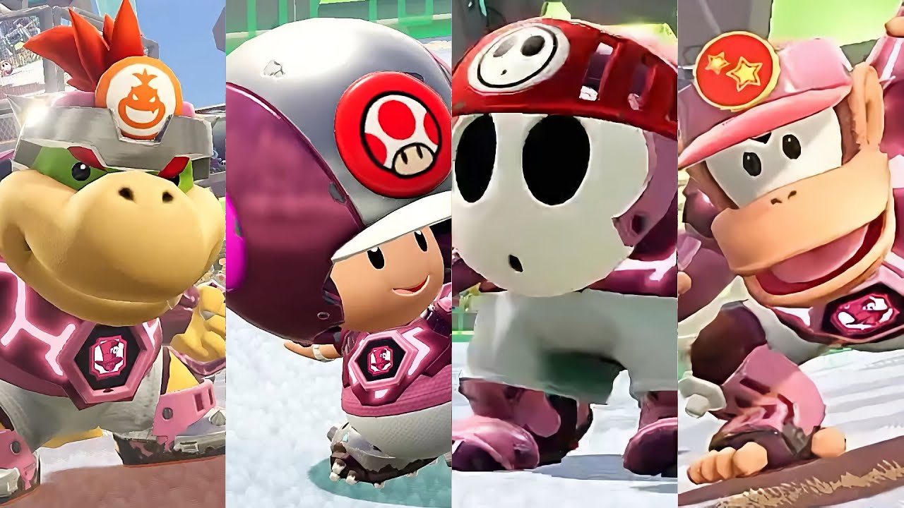 Mario Strikers Battle League Bower Jr Toad Shy Guy and Diddy Kong in Urban Rooftop