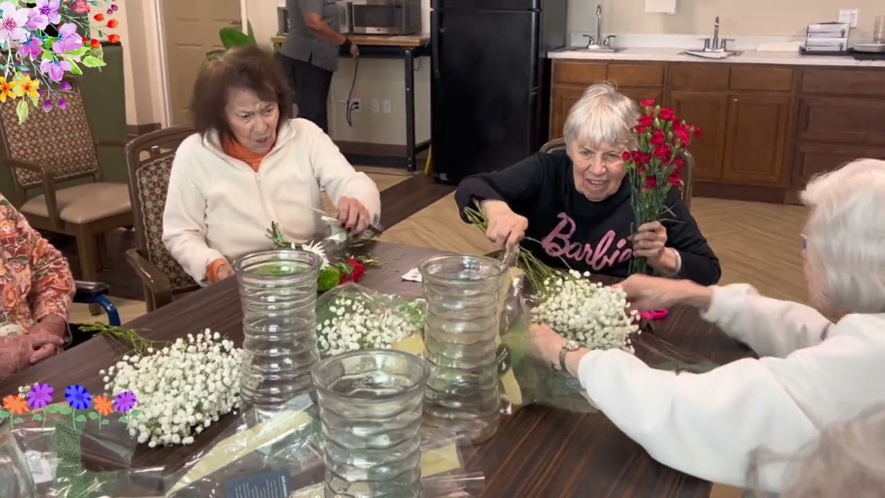 Arranging Flower Arrangements with our Transitional Memory Care Residents