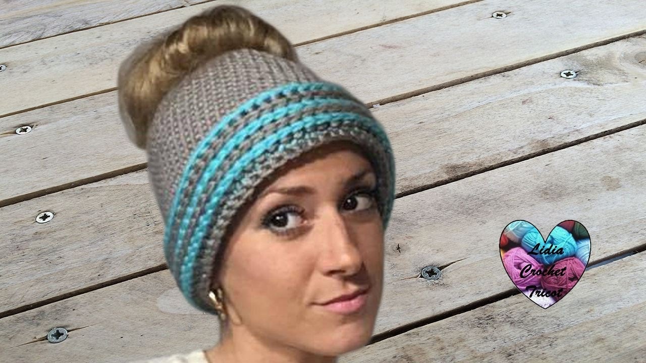 Bonnet Messy bun adulte crochet / Messy bun beanie hat adult crochet (english subtitles)