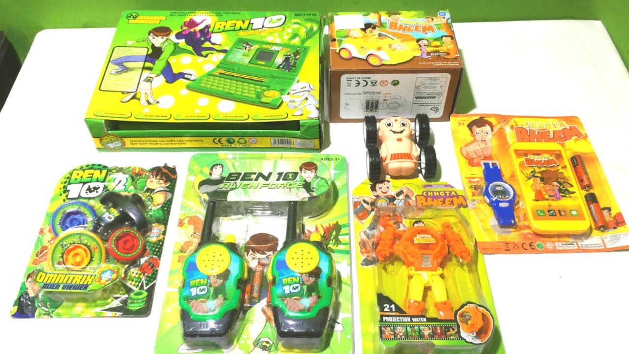 Collection of Chhota Bheem & BEN 10 2025 Toys stunt car, BEN 10 LAPTOP, BHEEM CAR II TOK TOK  TV
