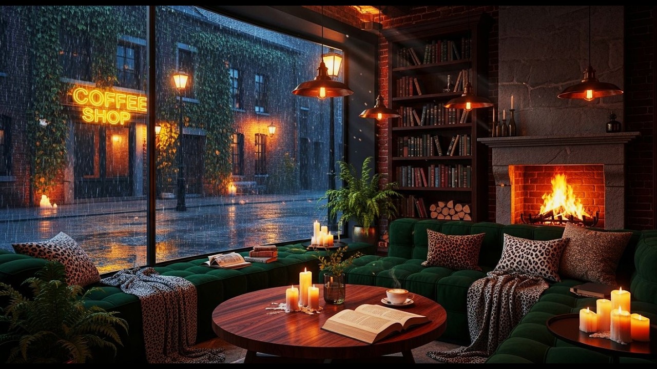 Rainy Night Café Window Ambience – Smooth Jazz Piano & Cozy Candlelight for Relaxing