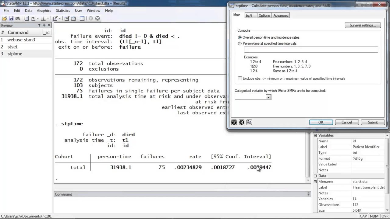 Calculate incidence rates and incidence-rate ratios for survival data using Stata®
