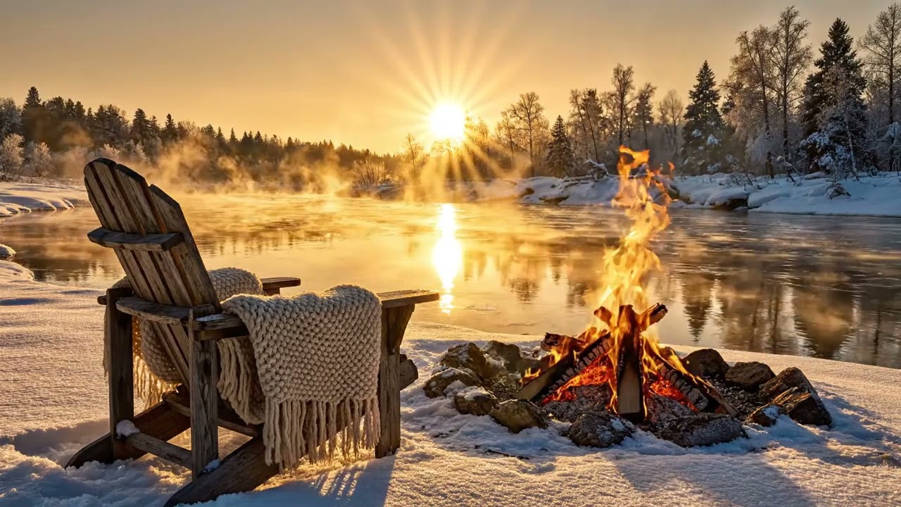 Winter Campfire by the Frozen Lake 🔥❄️ Deep Sleep in Snowy Silence No Music