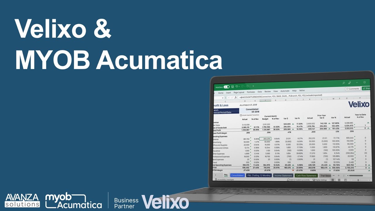 Velixo, an MYOB Acumatica Excel solution for reporting and budgeting
