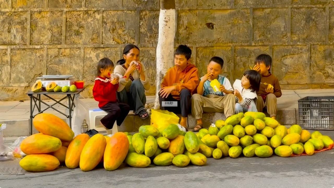 【一家七口隐居深山】孩子们准备开学，妈妈采摘自已种植红心木瓜到市场卖，这次让孩子当老板，来买的人竟然比上次还多！#农村生活#vlog