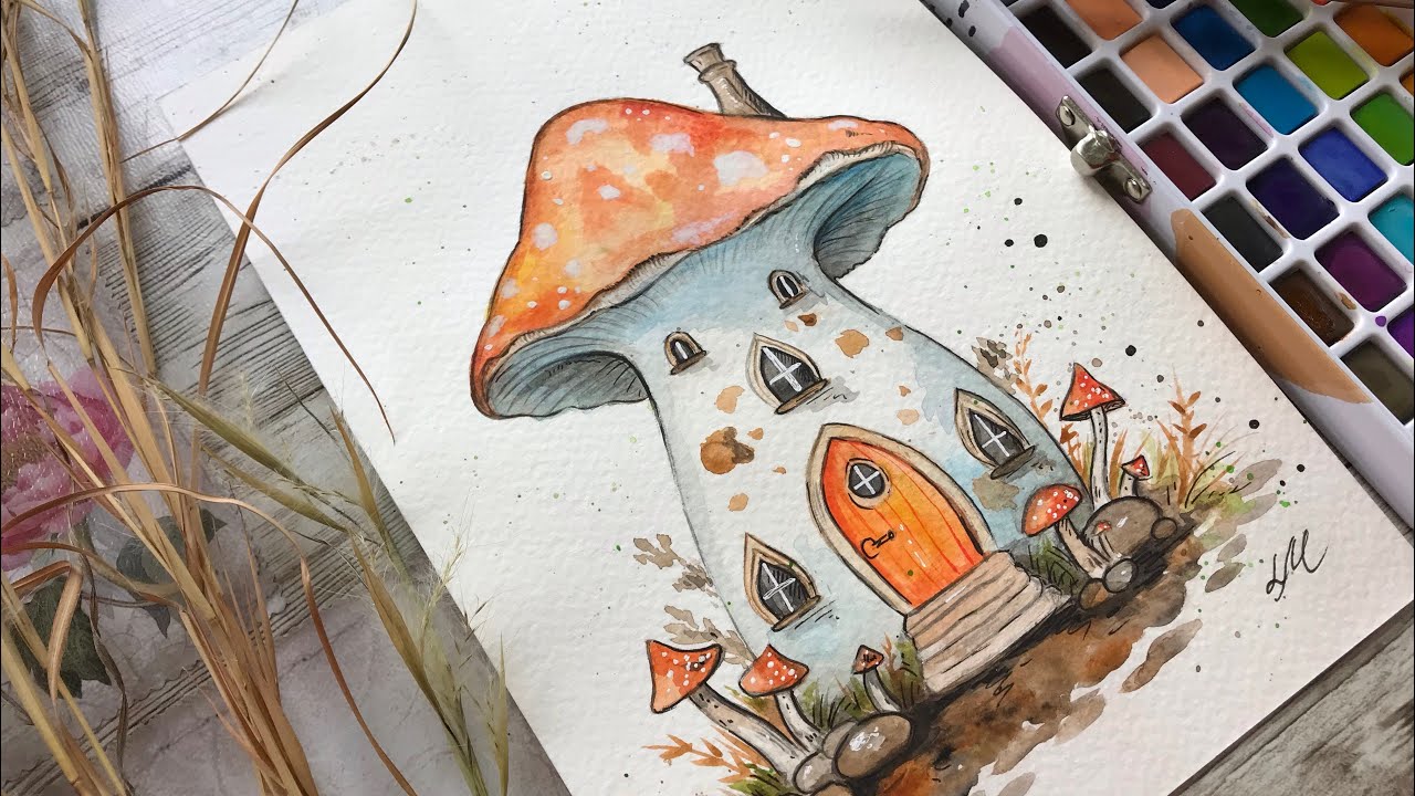 Watercolor Fairy mushroom. FAST painting