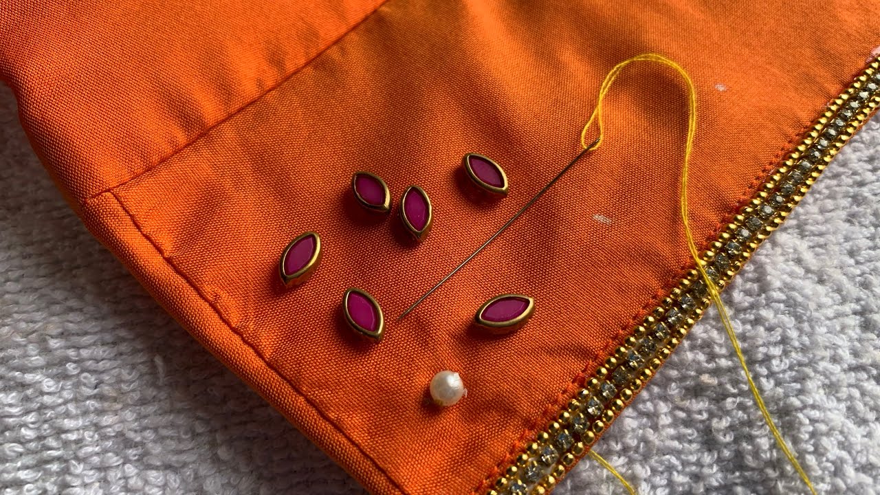Trendy full pearl & Kundan work bridal blouse with normal needle on stitched blouse #simple #easy