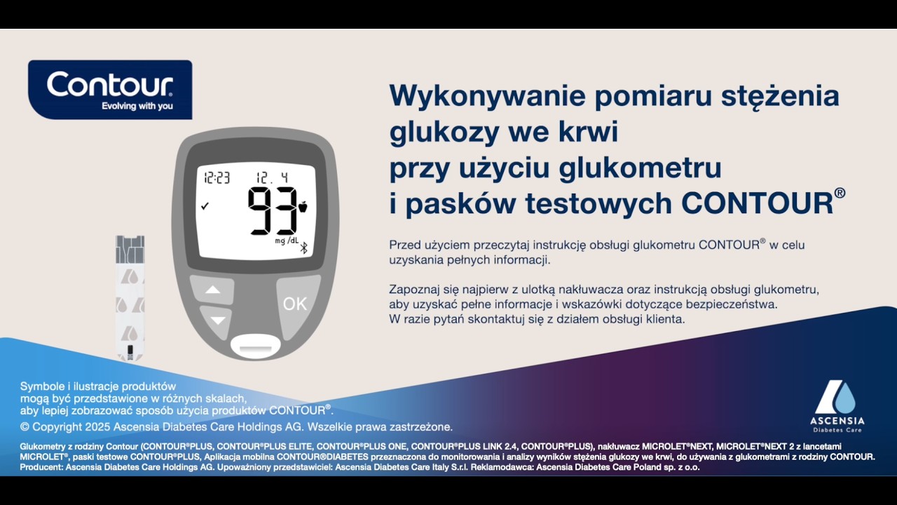 Wykonywanie pomiaru stężenia glukozy we krwi za pomocą glukometru i pasków testowych CONTOUR®