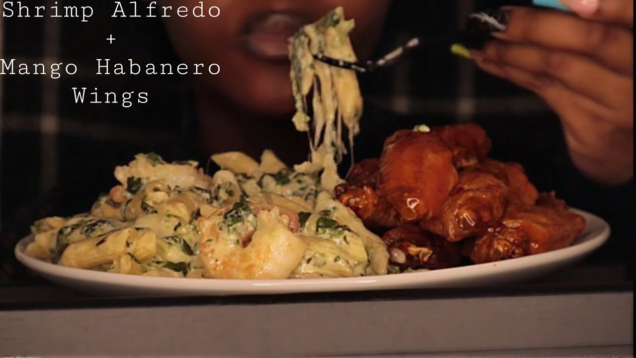 Shrimp Alfredo, Mango Habanero Wings| ASMR Mukbang (No Talking)