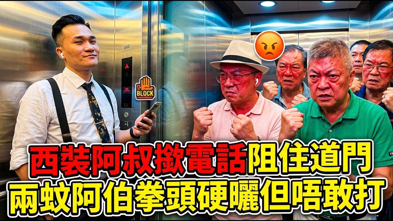 西裝阿叔撳電話阻住道門！兩蚊阿伯拳頭硬曬但唔敢打～