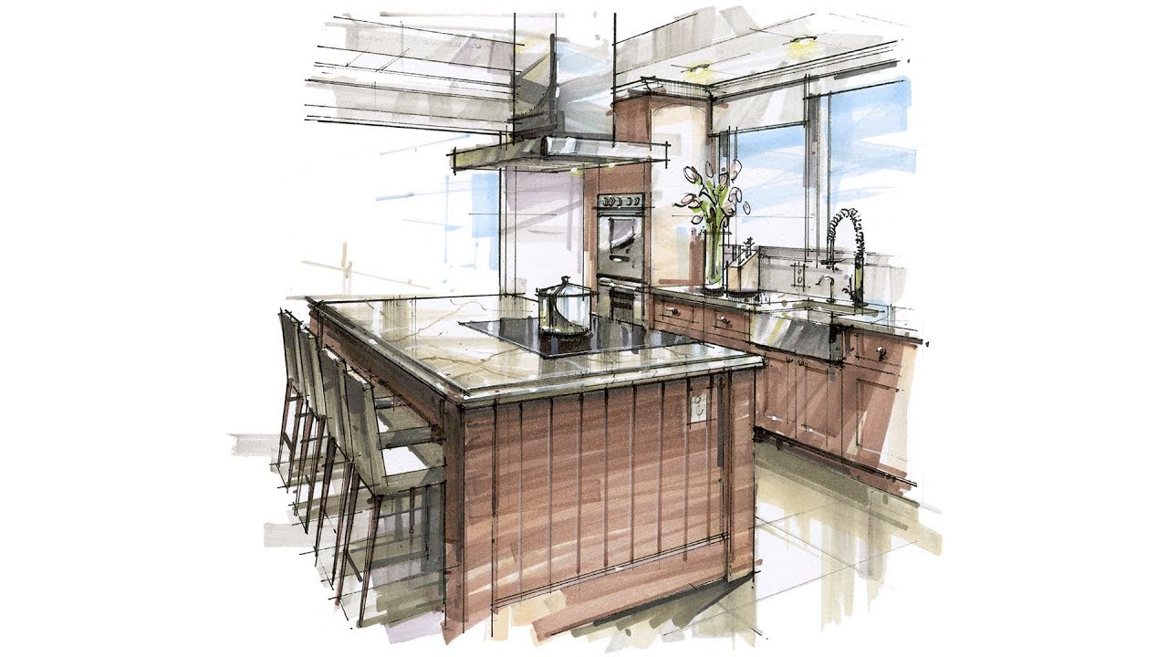 Hand Rendering, Interior, 190114K Wood Cabinet Kitchen