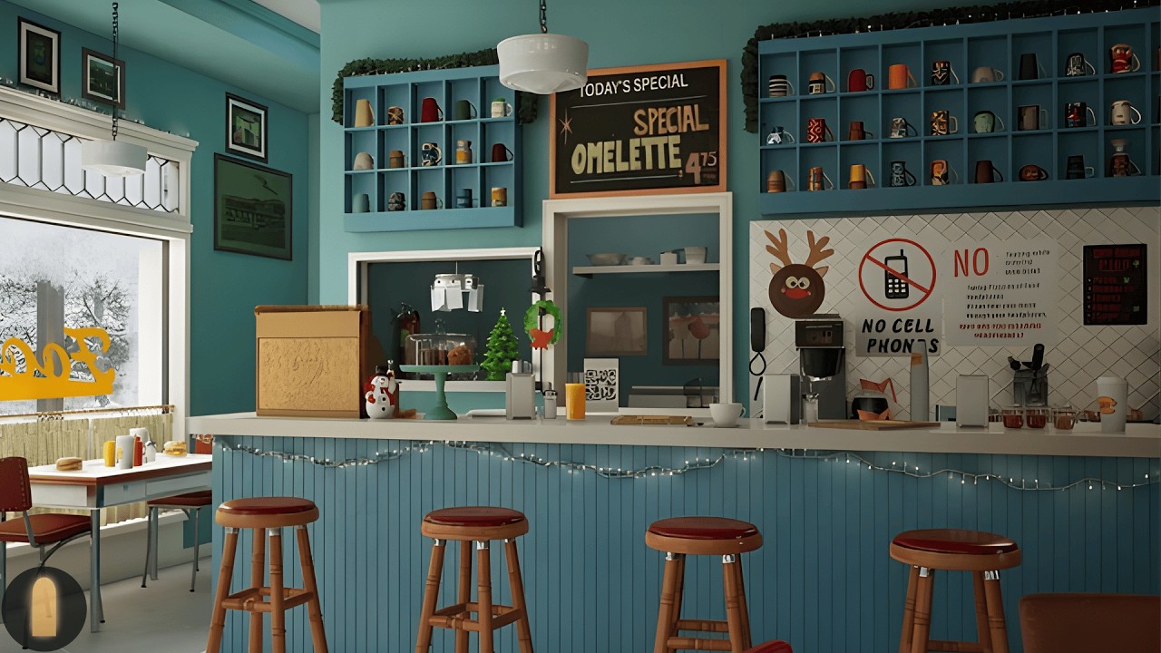 Snowy Diner Ambience | Cozy Winter Coffee Shop Background Noise (2 Hours)