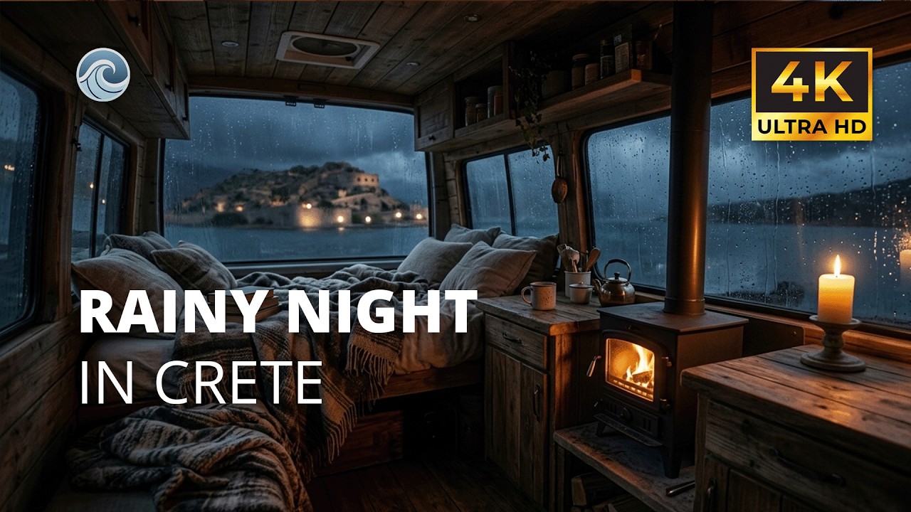 Rainy Night in Crete – 8 Hours Fireplace & Thunder with Spinalonga View ⚡🌧️