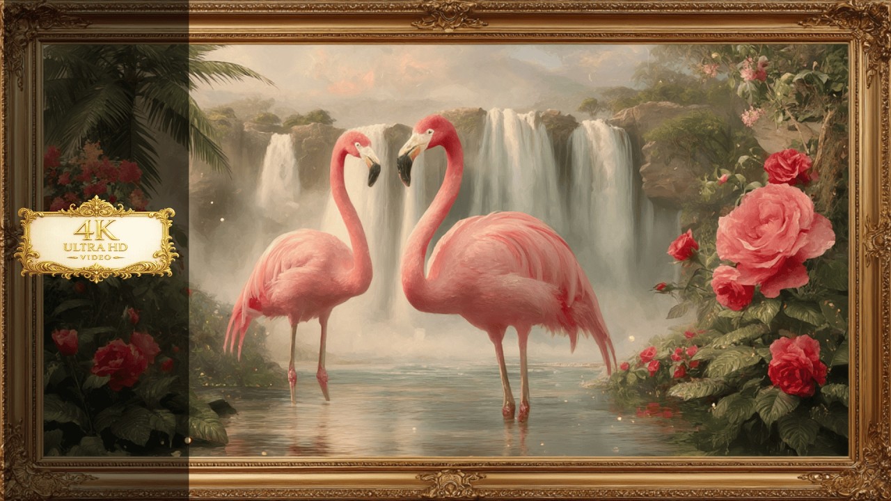 Romantic Flamingos by Waterfall 4K | Gold Frame TV Art | Aesthetic Screensaver
