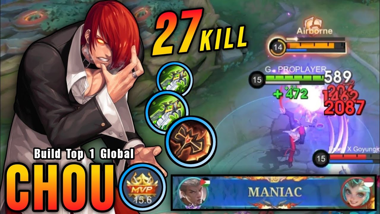 27 Kills + MANIAC!! Chou High Physical Damage (INSTANT DELETE) - Build Top 1 Global Chou ~ MLBB