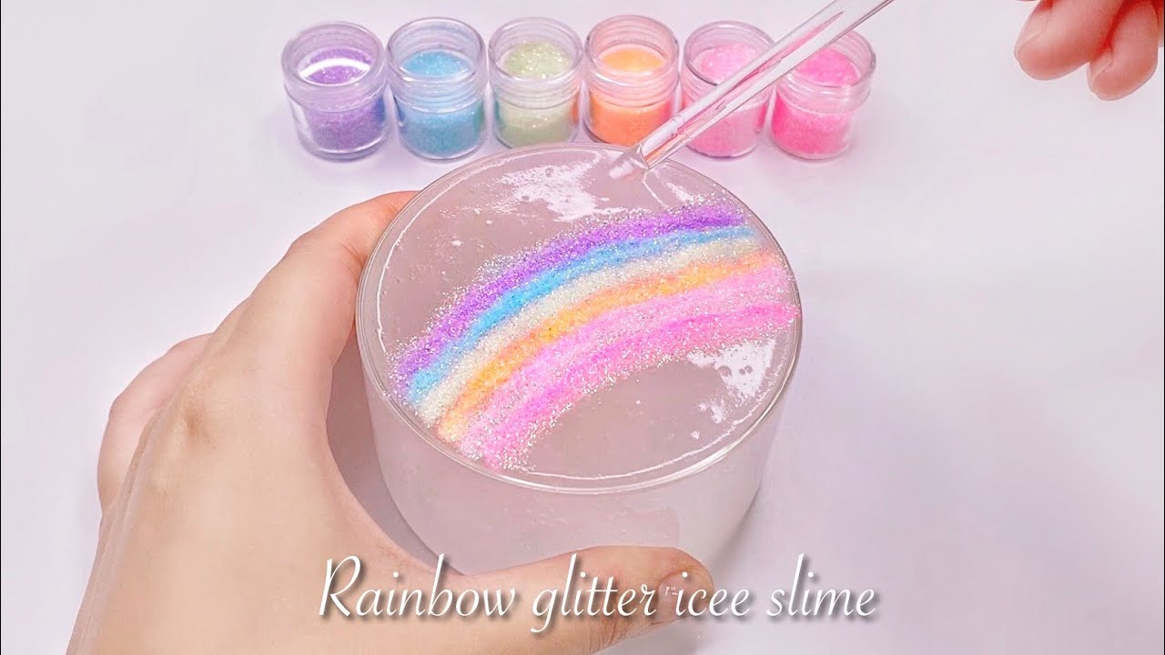 【ASMR】⛄️アイシースライムに虹色のラメ🌈【音フェチ】Rainbow glitter icee slime 레인보우 글리터 아이스 슬라임