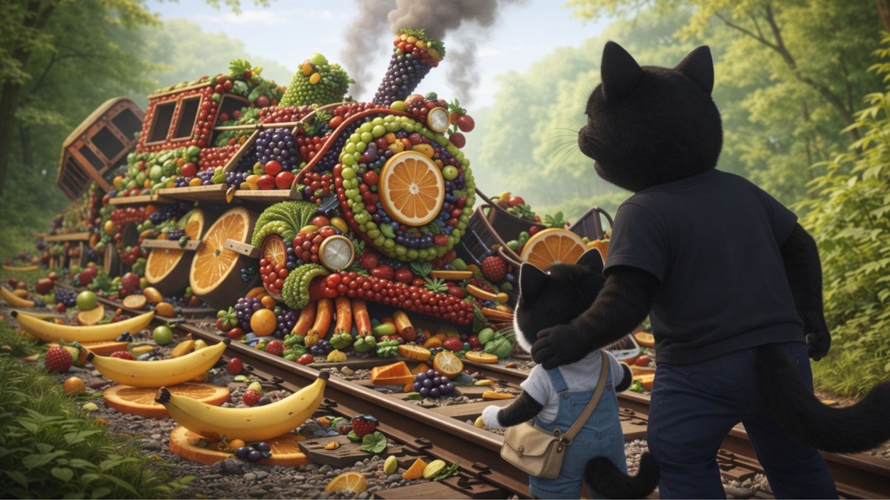 Fruit Train Crash! 😱 Brave Papa Cat & Baby Kitten Fix the Broken Train | White Cat Zoo Story