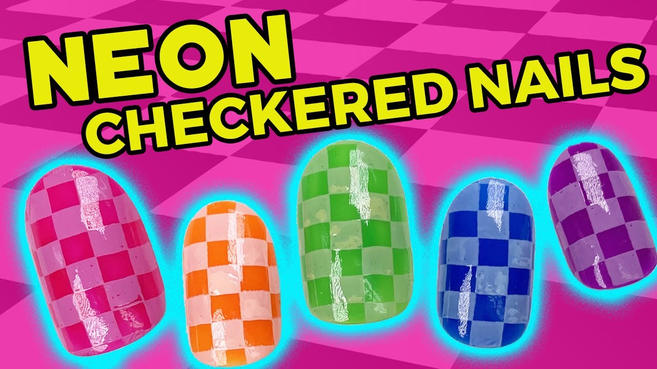 Neon Checkered Nails 90s Inspired Nail Art - Maniology LIVE!
