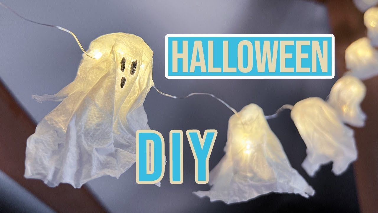 Einfache Gespenster-Lichterkette für Halloween aus Toilettenpapier selber machen