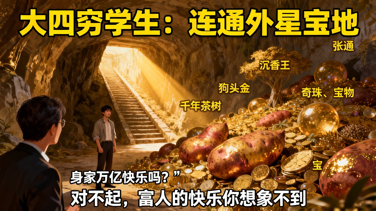 一口气看《大四穷学生：连通外星宝地》120集：挖红薯地窖竟挖出远古通道，直通神秘外星宝地！沉香王、千年茶树、狗头金、奇珠捡到手软，每天躺赚三十亿！记者问身家万亿快乐吗？张通：对不起，富人快乐你想象不到
