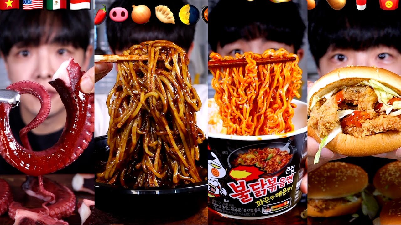 ASMR MUKBANG FIRE NOODLES SEAFOOD CHICKEN BURGER (NO BGM)