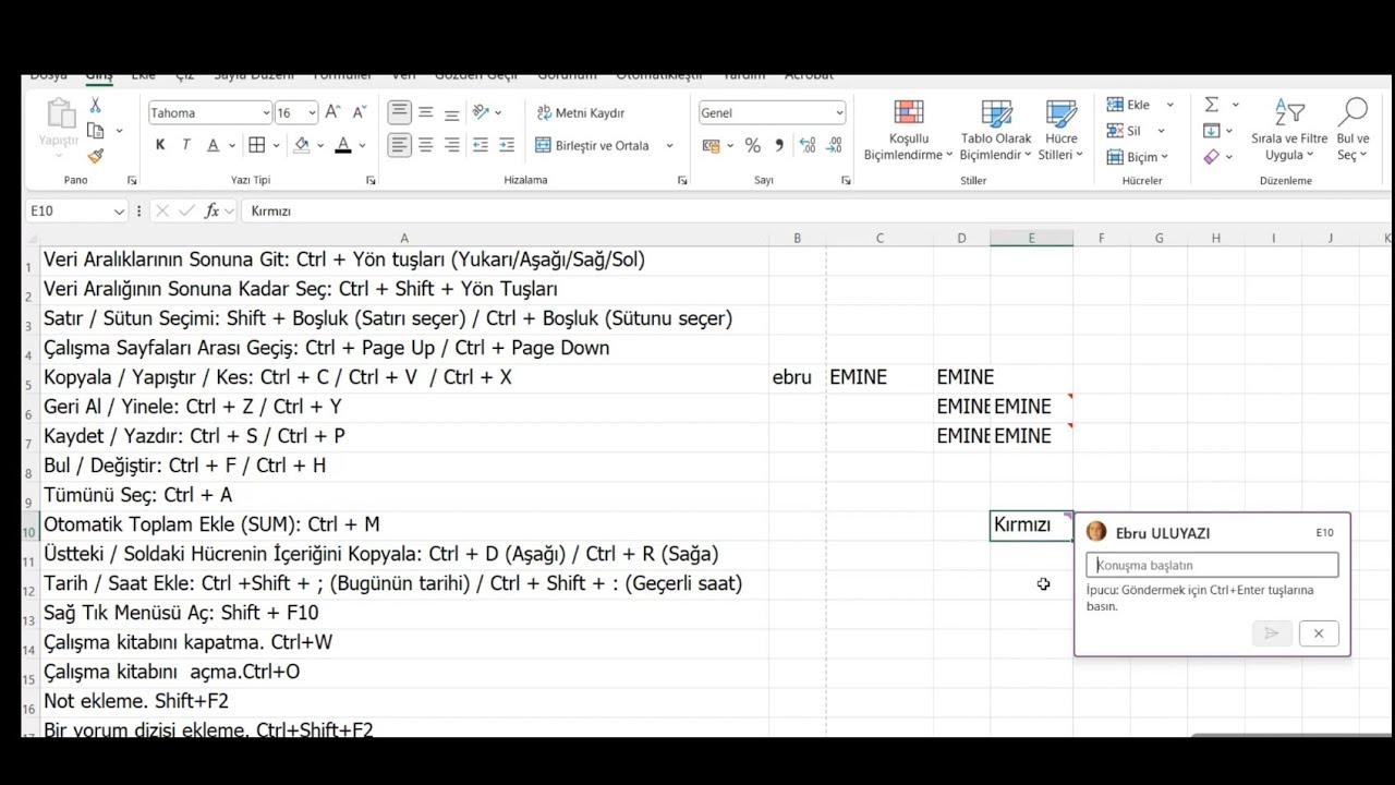 Excel Kısayol Tuşları 1