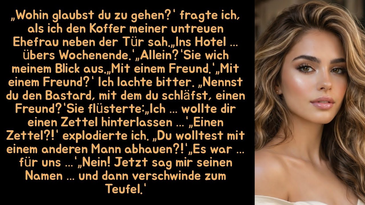 „Wohin glaubst du zu gehen?“ fragte ich, als ich den Koffer meiner untreuen Ehefrau neben der