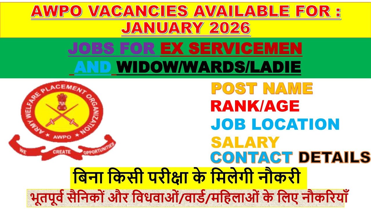 AWPO Job Vacancies for Ex Servicemen | भूतपूर्व सैनिकों के लिए AWPO Jan 2026 Jobs Vacancy Out |  