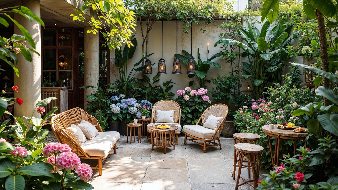 Backyard Garden Atmosphere With Cozy Jazz Music | Calm Café Jazz for Relaxing & Focus