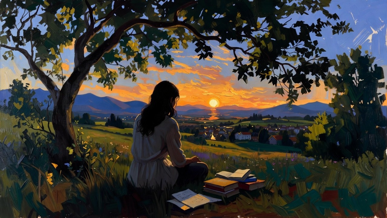 You’re sitting under a tree, relaxing and gazing into the distance.