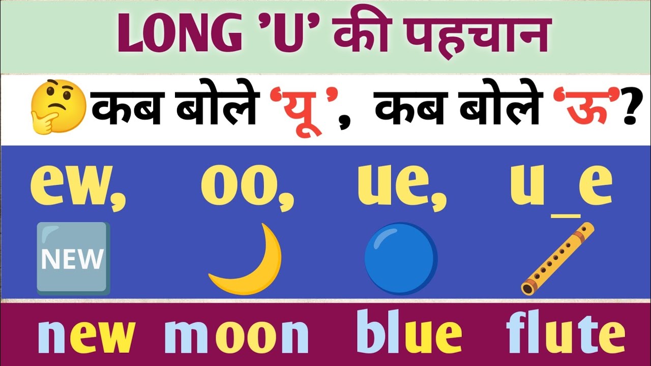 LONG 'U' की पहचान:🤔 कब बोले ‘यू ’,  कब बोले ‘ऊ’?' | Long Sound Of Vowel 'U'| Long u(ew, oo, ue, u_e)
