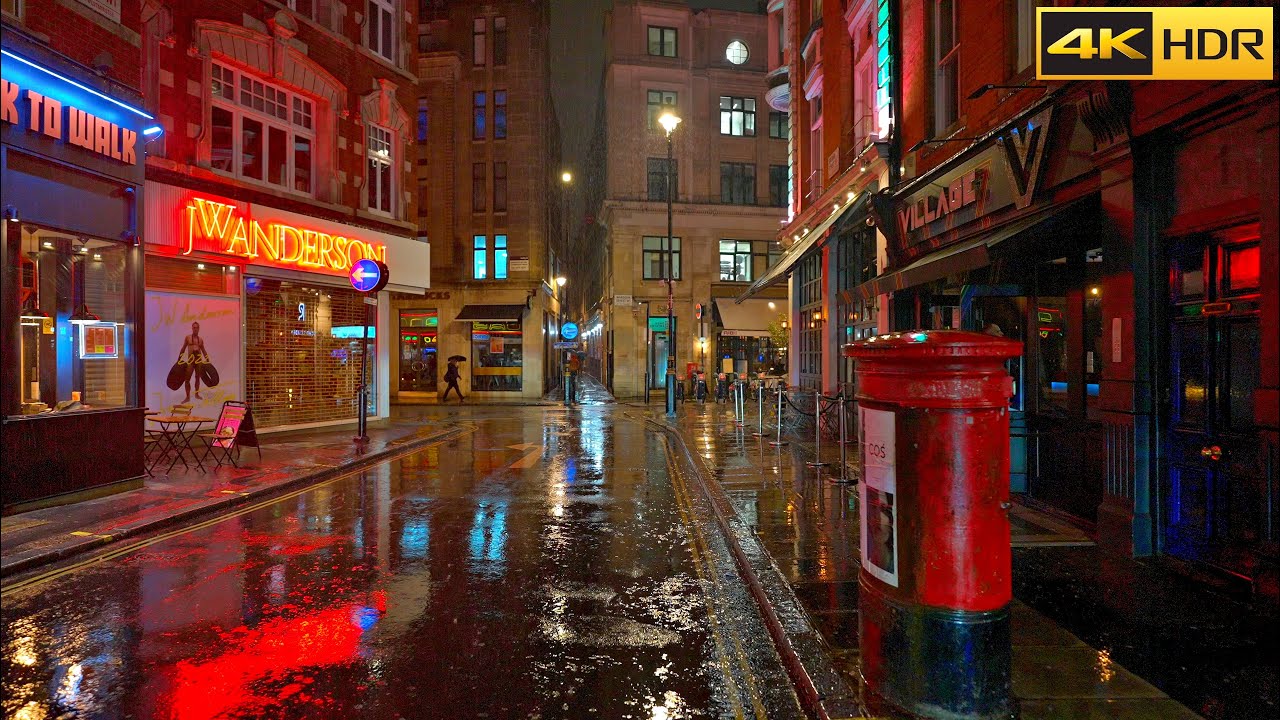 London Rain Walk-Oct 2021💧Relaxing ASMR Rain☔️Real Life Cyberpunk [4K HDR]