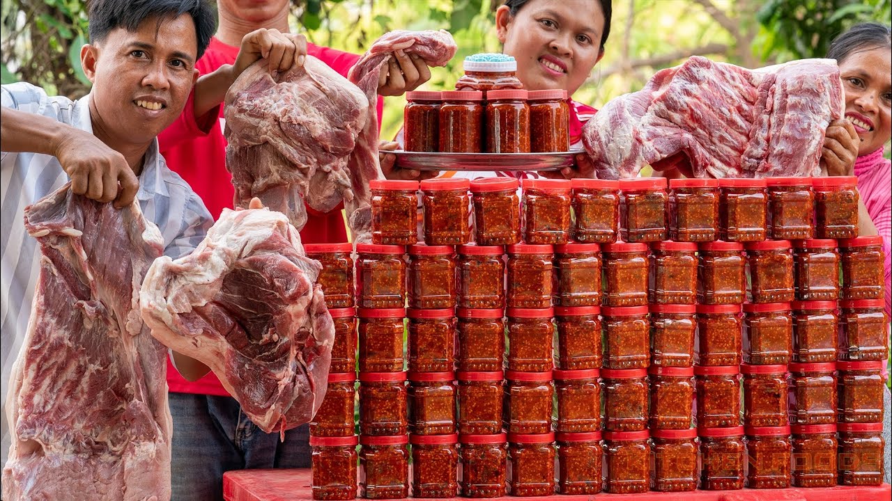 Cooking Hot Spicy Pork Belly with Fried Chili Paste Recipe - Natural Meal in Village - Kitchen Foods