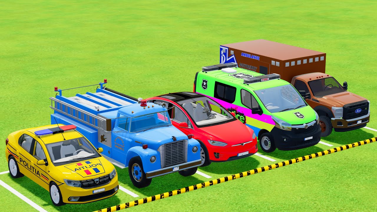 TRANSPORTING POLICE CARS, AMBULANCE, FIRE DEPARTMENT VEHICLES WITH TRUCKS ! Farming Simulator 22