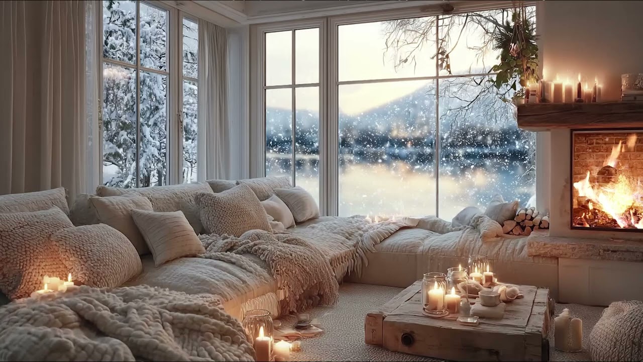 3 Hours Cozy Winter Piano ❄️ Fireplace Fire & Snowfall Sounds for Deep Sleep