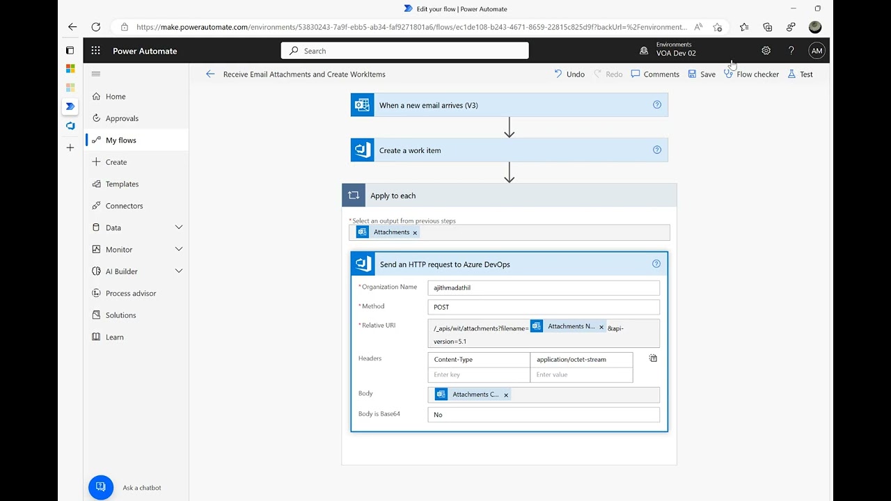 Power Automate — создание рабочих элементов и вложений Azure DevOps