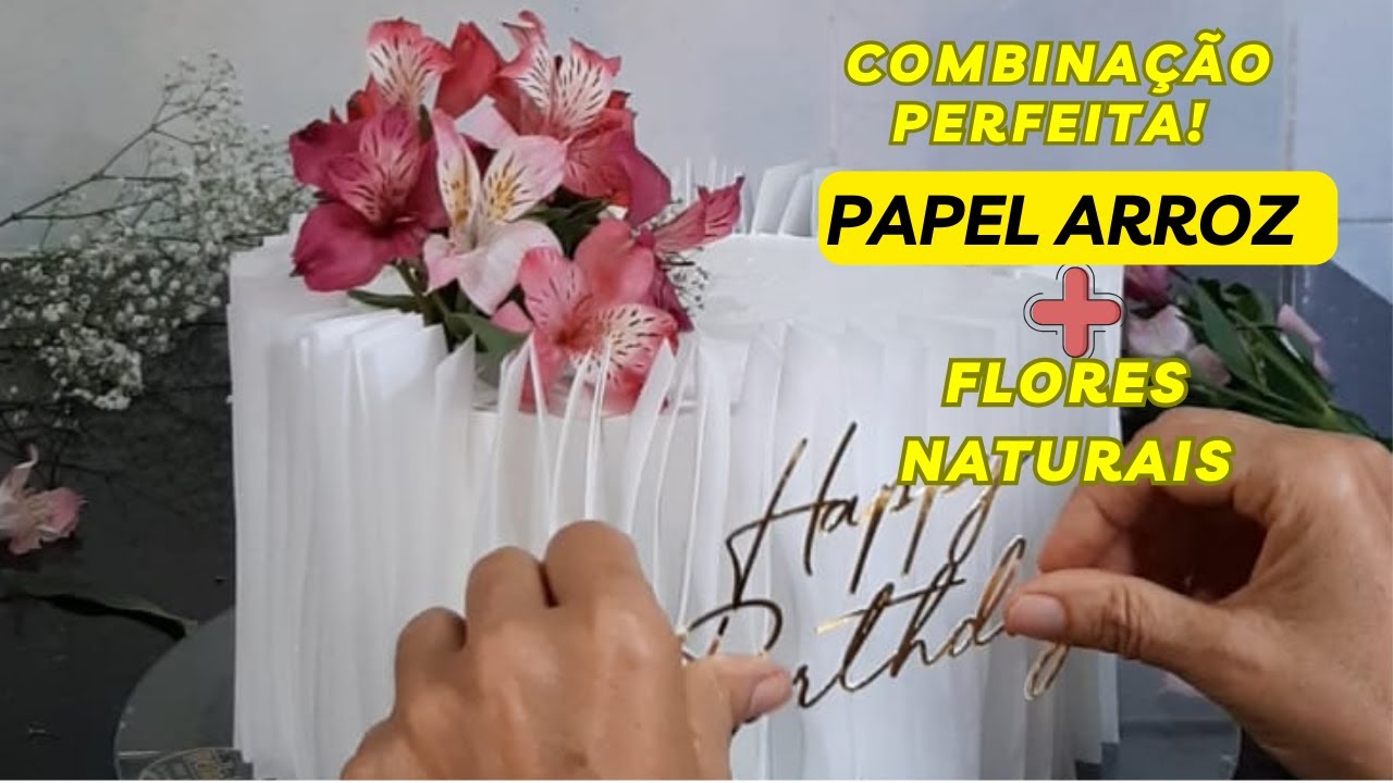 BOLO FITADO EM PAPEL DE ARROZ  E FLORES/Aprenda a fazer essa Linda decoração!