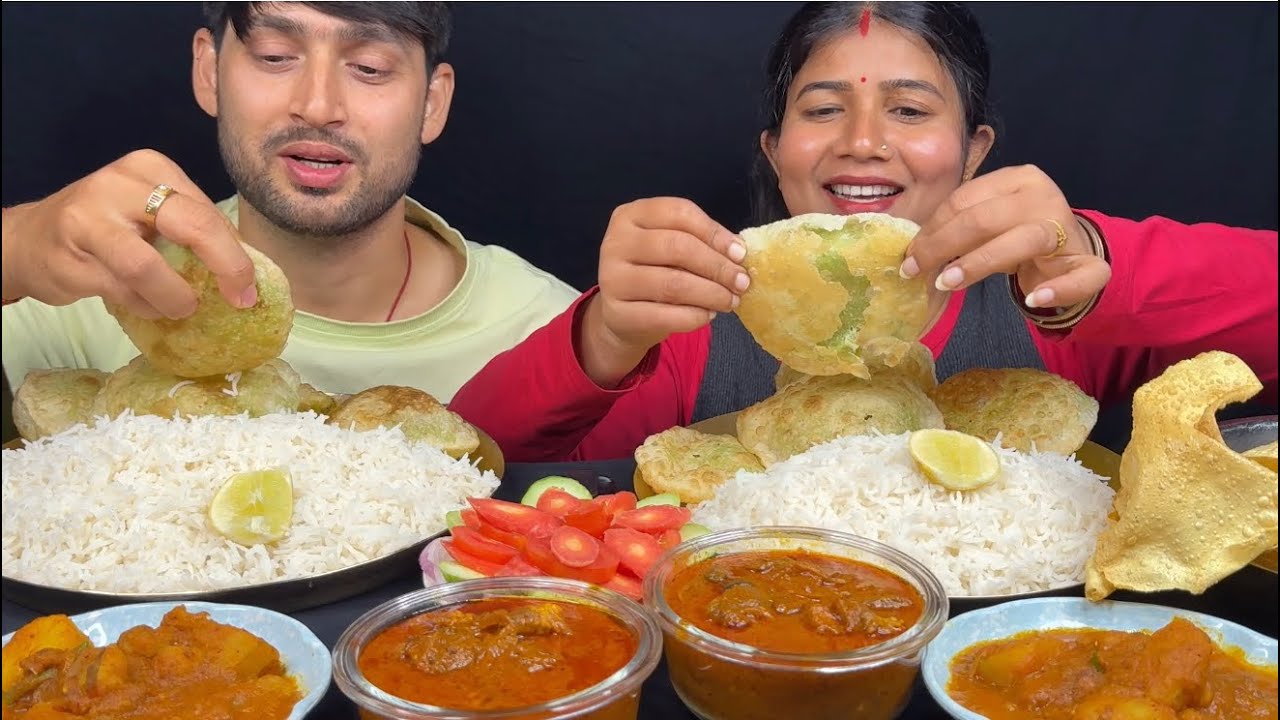 Eating,Basmati Rice,Koraishutir Kochuri,Aloo Dum,Spicy Spicy Mutton Kosha#eatingshow #chicken #food