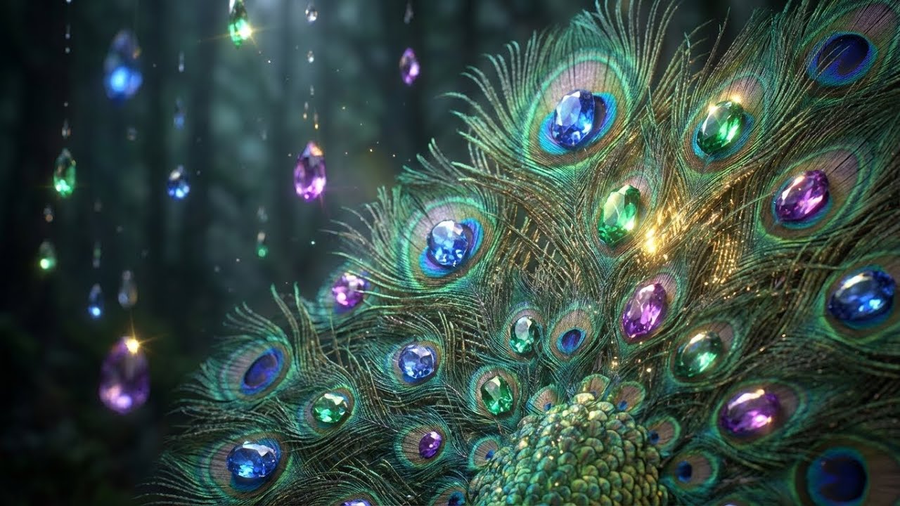 【ASMR】孔雀の羽と宝石の雨：瞬く「瞳」が宝石に変わる音 (幻想的な癒やし)