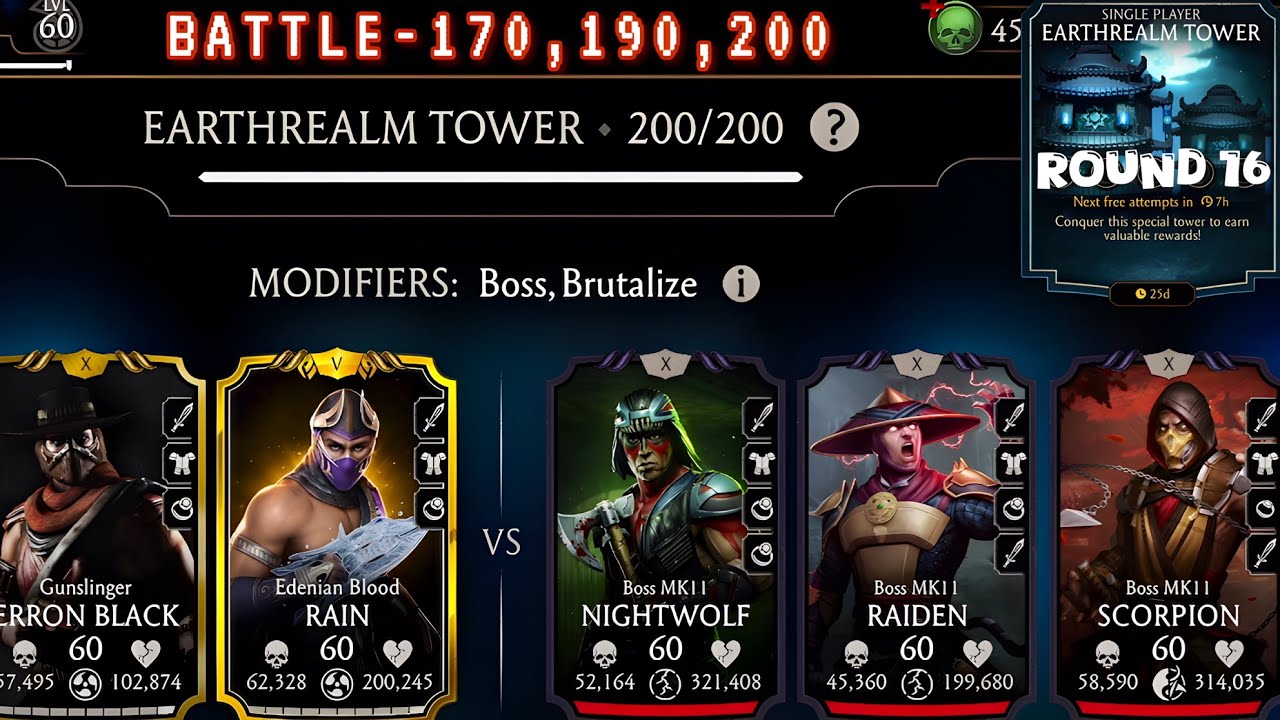 Earthrealm Tower Boss Battle 200 & 170, 190 Fight + Reward Mortal Kombat Mobile