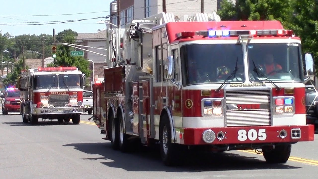Moonachie Fire Department Tower 805 Asst. Chief 806 And Secaucus Fire Engine 5 Responding 7-20-17